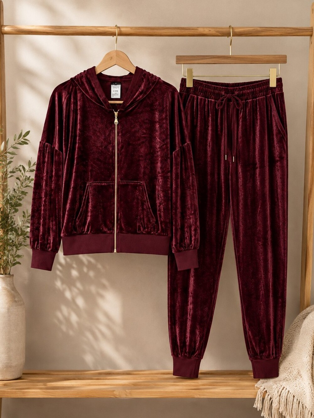 Felina Burgundy Velour Tracksuit Set XL 2PC Hooded Zip Jacket Joggers